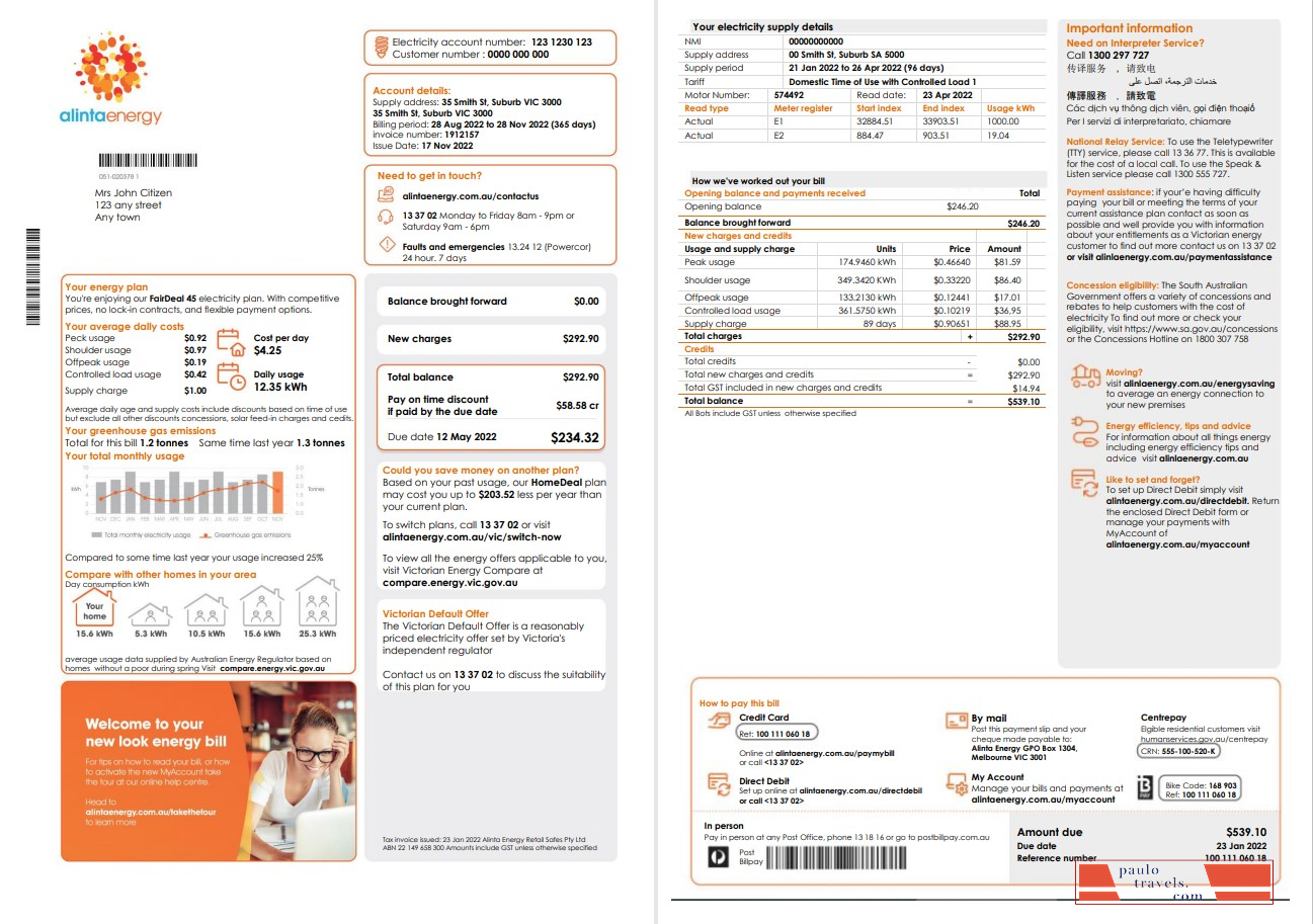 Australia Alinta Energy electricity utility bill template in Word and PDF format, 2 pages